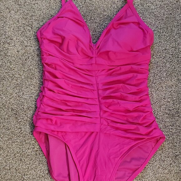 DKNY Women's Solid Pleated V-Neck One-Piece Swimsuit - Picture 1 of 4